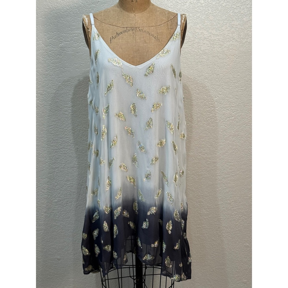 A Rare Bird White Black Ombre Gold Feather Print Adjustable Slip Dress S/M NWT